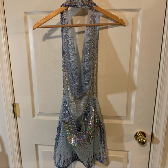 NWT PrettyLittleThing Petite Blue Ombre Sequin Cowl Neck Halter Mini Dress - Picture 5 of 6